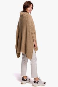 Kamelowy Asymetryczny Sweter-Ponczo z Golfem