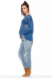 Ażurowy Lekki Sweter Oversize - Jeansowy