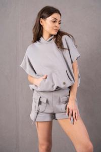 Bluza z Kapturem z Krótkim Kimonowym Rękawem - Szara