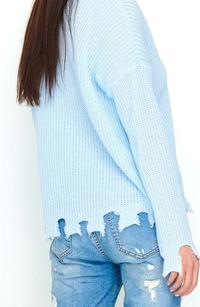 Błękitny Casualowy Oversizowy Sweter z Efektem Rozdarcia 