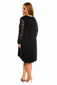 Czarna Elegancka Trapezowa Sukienka Długim Rękawem PLUS SIZE