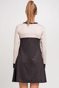 Beżowo-czarna Trapezowa Dwubarwna Sukienka z Długim Rękawem
