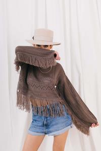 Ażurowy Komplet Dzianinowy Szorty + Bluzka w Stylu Boho - Cappuccino