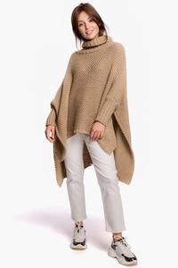 Kamelowy Asymetryczny Sweter-Ponczo z Golfem