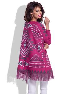 Amarantowy Luźny Sweter z Frędzlami w Azteckie Wzory