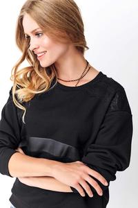Bluza Dresowa z Koronką i Eko-skórą - Czarna