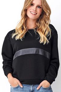 Bluza Dresowa z Koronką i Eko-skórą - Czarna