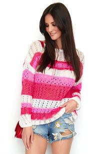 Trójkolorowy Ażurowy Sweter w Kolorowe Pasy