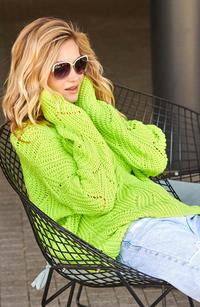 Ażurowy Sweter Oversize z Dekoltem V - Limonkowy