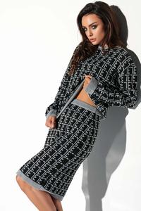 Czarny Jasnoszary Casualowy Komplet w Monogramy Sweter + Spódnica