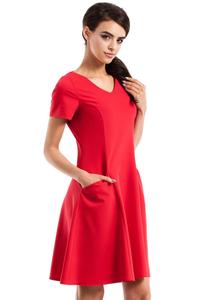 Czerwona Trapezowa Sukienka z Kieszeniami