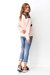 Bluza Dresowa z Koronką i Eko-skórą - Pudrowa