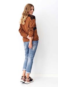 Bluza Dresowa z Koronką i Eko-skórą - Kamelowa