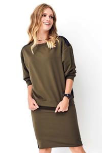  Komplet Bluza + Spódnica z Eko-Skórą - Khaki