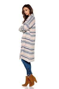 Beżowy Ciepły Wzorzysty Sweter Oversize bez Zapięcia