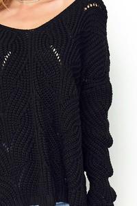 Ażurowy Sweter Oversize z Dekoltem V - Czarny