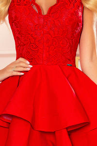 Czerwona SUkienka z Koronkową Górą i Falbankami