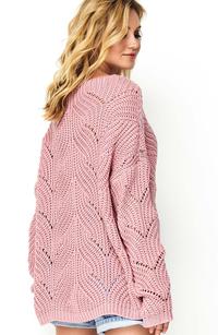 Ażurowy Sweter Oversize z Dekoltem V - Różowy