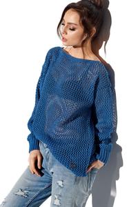 Ażurowy Lekki Sweter Oversize - Jeansowy