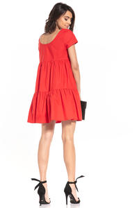 Bawełniana Mini Sukienka z Owalnym Dekoltem - Czerwona