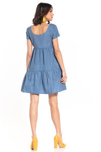 Bawełniana Mini Sukienka z Owalnym Dekoltem - Niebieska