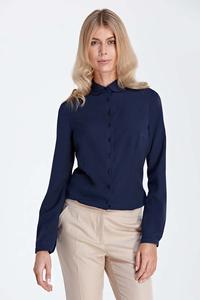 Granatowa Elegancka Bluzka Koszulowa z Okrągłym Kołnierzykiem