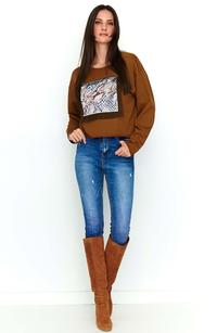  Kamelowa Bluza Oversize z Ozdobnym Nadrukiem