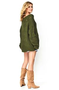 Ażurowy Sweter Oversize z Dekoltem V - Khaki