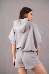 Bluza z Kapturem z Krótkim Kimonowym Rękawem - Szara