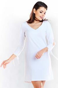 Biała Trapezowa Mini Sukienka z Kokardą przy Mankietach