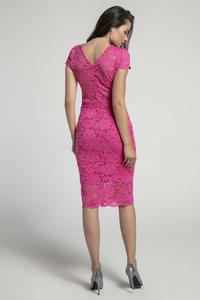 Koronkowa Różowa Ołówkowa Sukienka Midi z Dekoltem V na Plecach