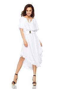 Biała Zwiewna Asymetryczna Sukienka z Koronkowym Paskiem