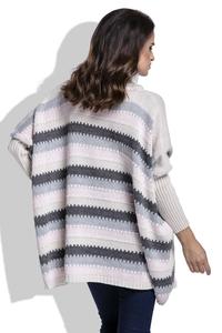 Beżowy Sweter Oversizowy w Paski z Golfem