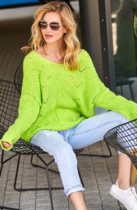 Ażurowy Sweter Oversize z Dekoltem V - Limonkowy