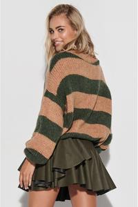 Sweter w Szerokie Camelowo-Khaki Pasy
