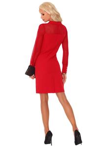 Czerwona Elegancka Wizytowa Sukienka z Transparentnym Rękawem