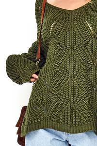 Ażurowy Sweter Oversize z Dekoltem V - Khaki