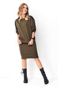  Komplet Bluza + Spódnica z Eko-Skórą - Khaki