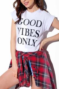 Biały T-shirtowa Bluzka z Haftowanym Napisem GOOD VIBES ONLY
