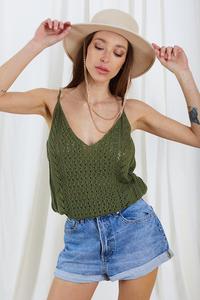 Ażurowy Top na  Ramiączkach - khaki