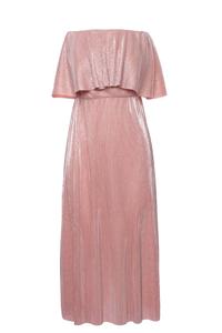  Sukienka Hiszpanka z Metalicznej Plisowanej Tkaniny - Różowa