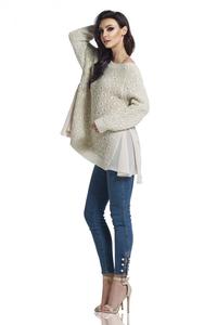 Beżowy Asymetryczny Oversizowy Sweter z Szyfonową Falbanką