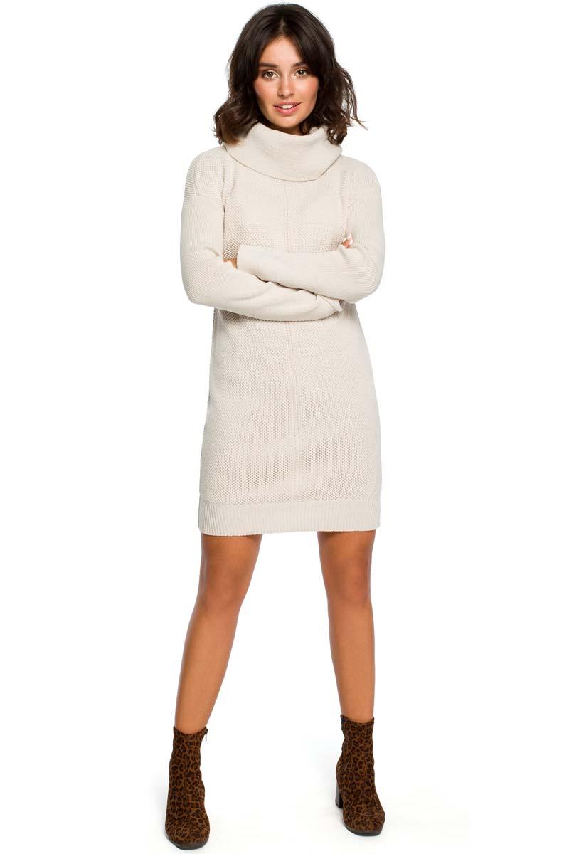 Beżowy Długi Sweter- Sukienka z Szerokim Golfem