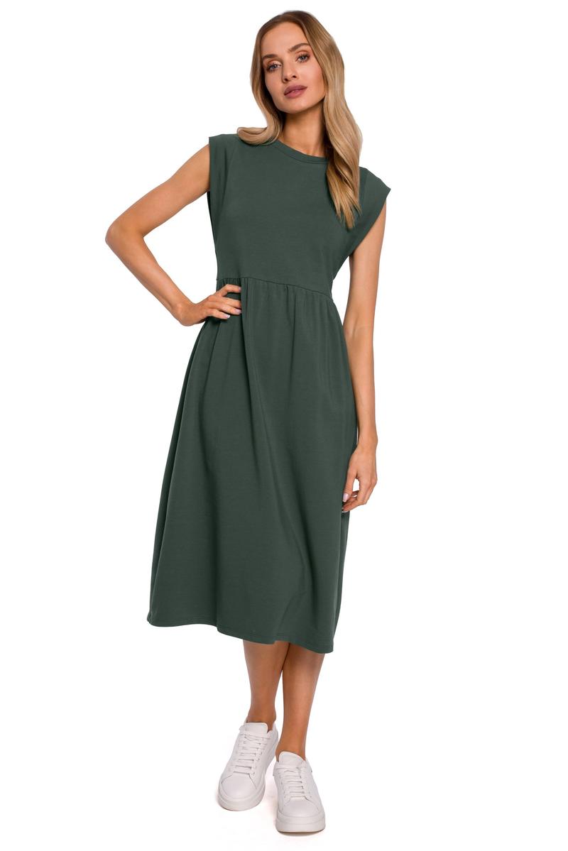 Bawełniana Midi Sukienka z Podwyższonym Stanem - Zielona